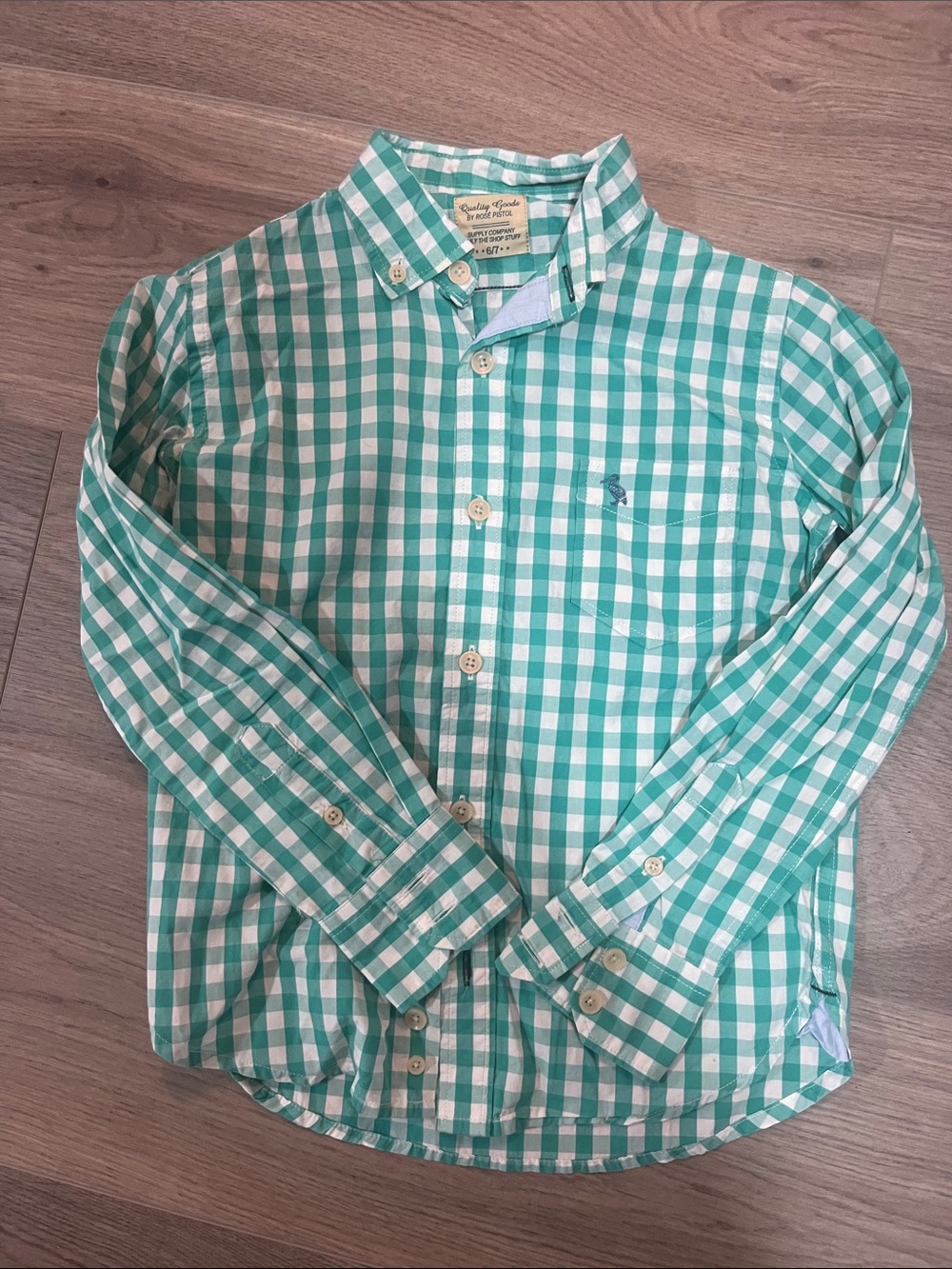 Rose pistol green checkered button down size 6-7